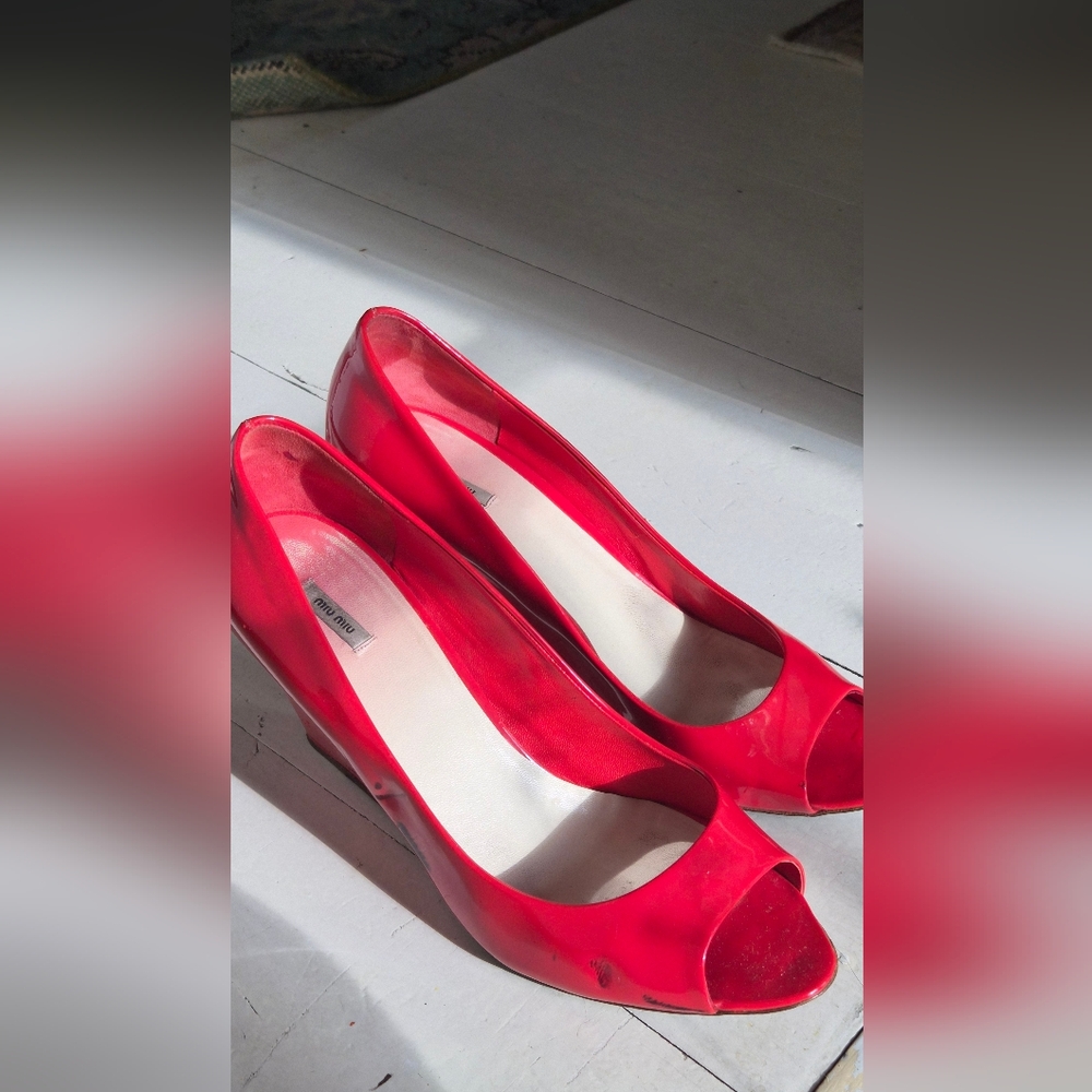Miu Miu Patent Leather Ferrari Red Open Toe Wedge Pumps